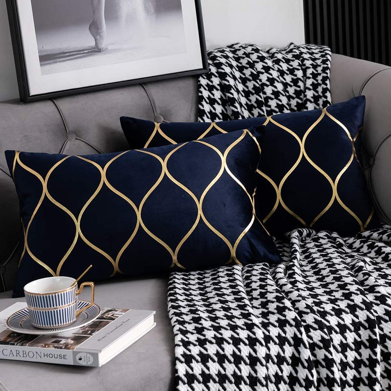 DEZENE Gold Velvet Throw Pillow Covers Navy: 2 Pack 12x20 Inch Rectangular Decorative Pillow Cases for Bedroom Sofa Couch Living Room - Image 1